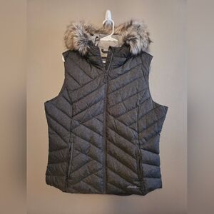 Eddie Bauer Womens Vest With Faux Fur Hood Grey Size XL